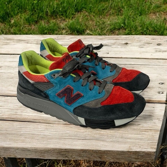 New  Balance 998 'Made in USA' Blue Black Red‎ Yellow - Mens SZ 9 - Picture 1 of 15
